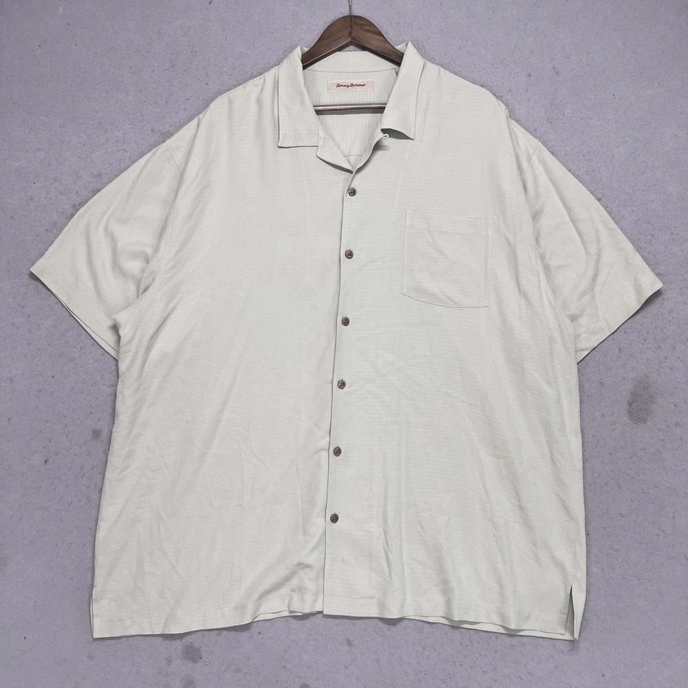 Tommy Bahama Mens XXL‎ Silk Short Sleeve Button Down Shirt Sage Green Textured
